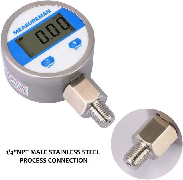 Alt view image 5 of 7 - 2-1/2" dial, Digital Industrial Pressure Gauge with 1/4"NPT Lower Mount, Stainless Steel case and Connection, 0-60psi/bar, 1%,Battery Powered, with LED Light