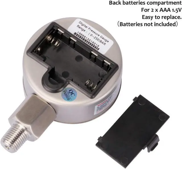 Alt view image 6 of 7 - 2-1/2" dial, Digital Industrial Pressure Gauge with 1/4"NPT Lower Mount, Stainless Steel case and Connection, 0-60psi/bar, 1%,Battery Powered, with LED Light