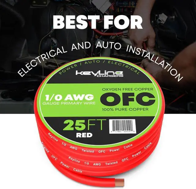 Alt view image 3 of 6 - 1/0 AWG Gauge Wire (25ft) Red | Oxygen Free Copper (OFC), Automotive Wire, Power/Ground, Battery Cable, True Spec Welding & Automotive, Car Audio Speaker, RV Trailer, Amp Wiring by Keyline Chargers