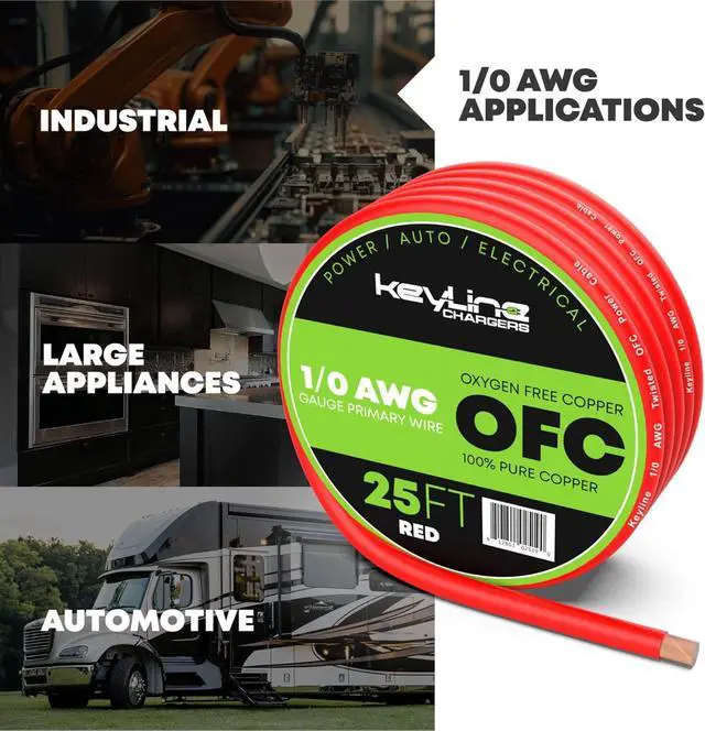 Alt view image 5 of 6 - 1/0 AWG Gauge Wire (25ft) Red | Oxygen Free Copper (OFC), Automotive Wire, Power/Ground, Battery Cable, True Spec Welding & Automotive, Car Audio Speaker, RV Trailer, Amp Wiring by Keyline Chargers