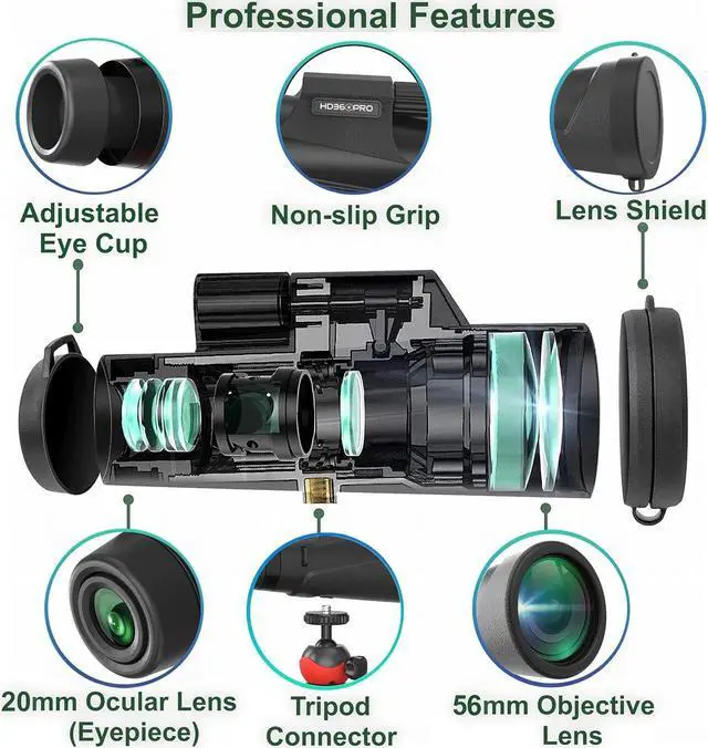 Alt view image 2 of 6 - Telescope 12X56 Outdoor Telescope with Smartphone Adapter for Stargazing, Birdwatching, Hunting, Dust-Proof Waterproof HD Monocular for adults with Phone Holder and Sturdy Tripod By hd360pro