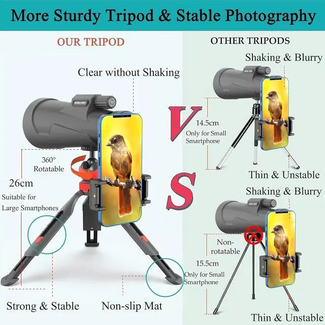 Alt view image 6 of 6 - Telescope 12X56 Outdoor Telescope with Smartphone Adapter for Stargazing, Birdwatching, Hunting, Dust-Proof Waterproof HD Monocular for adults with Phone Holder and Sturdy Tripod By hd360pro
