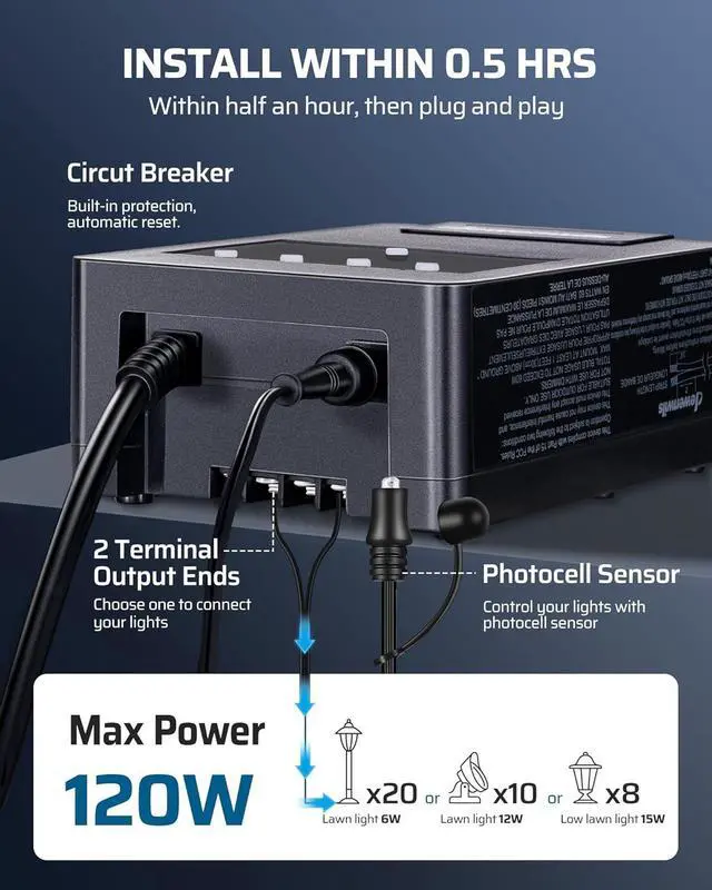Alt view image 6 of 7 - 120W Low Voltage Transformer with Photocell Sensor & Timer, 120V AC to 12V DC, Weatherproof Landscape Lighting Transformer for Spotlights, Garden Lights, Steplight, Billboard