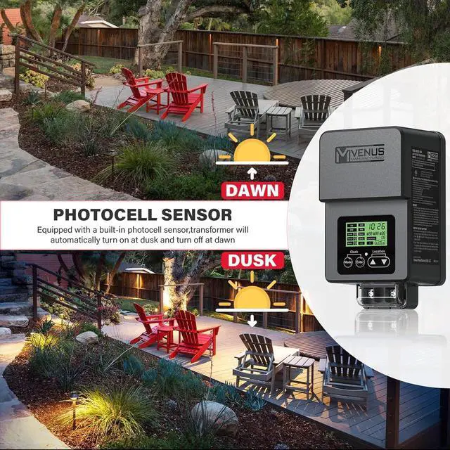 Alt view image 7 of 7 - Outdoor Low Voltage Transformer 120W Landscape Lighting Transformer with Timer and Built-in Photo Sensor 120V AC to 12V AC for LED Spotlight, Pathway Garden Lighting