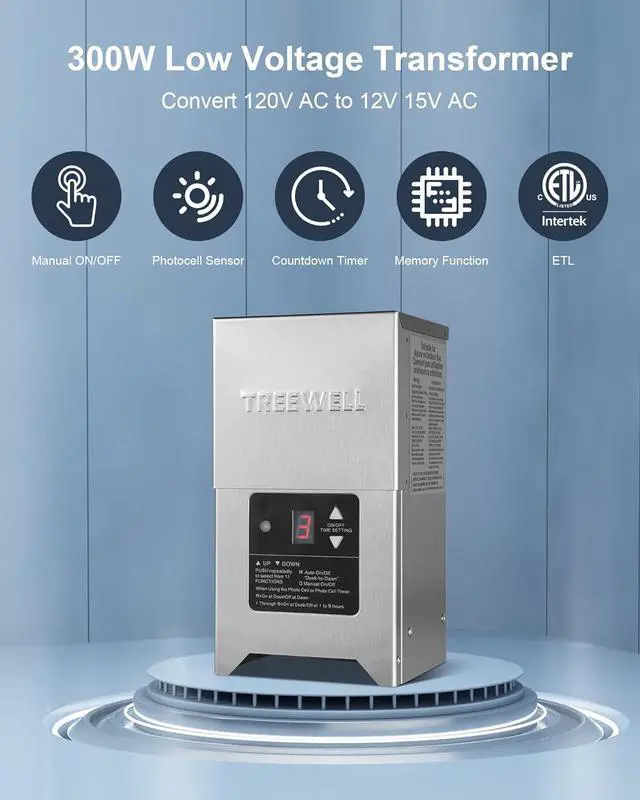 Alt view image 2 of 7 - 300W Low Voltage Landscape Transformer, Outdoor Landscape Lighting Transformer with Photocell Sensor & Timer, 120V AC to 12V/15V AC, Stainless Steel Weatherproof Transformer, ETL Listed