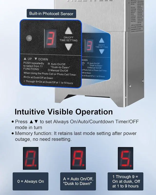 Alt view image 4 of 7 - 300W Low Voltage Landscape Transformer, Outdoor Landscape Lighting Transformer with Photocell Sensor & Timer, 120V AC to 12V/15V AC, Stainless Steel Weatherproof Transformer, ETL Listed