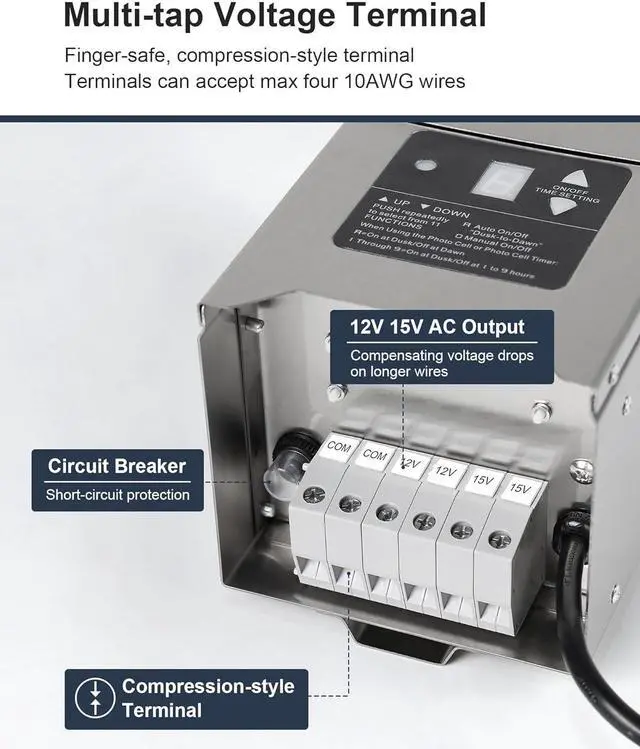 Alt view image 5 of 7 - 300W Low Voltage Landscape Transformer, Outdoor Landscape Lighting Transformer with Photocell Sensor & Timer, 120V AC to 12V/15V AC, Stainless Steel Weatherproof Transformer, ETL Listed