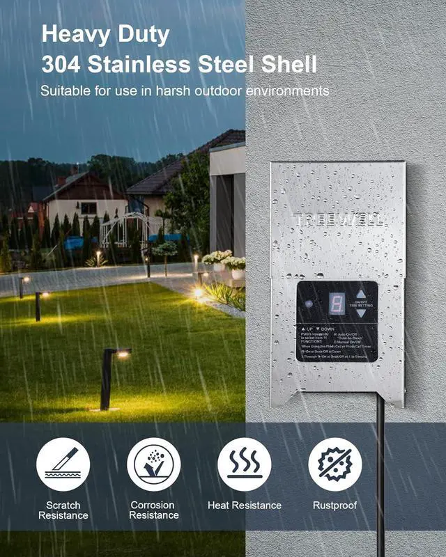 Alt view image 6 of 7 - 300W Low Voltage Landscape Transformer, Outdoor Landscape Lighting Transformer with Photocell Sensor & Timer, 120V AC to 12V/15V AC, Stainless Steel Weatherproof Transformer, ETL Listed