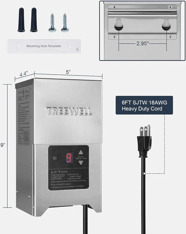 Alt view image 7 of 7 - 300W Low Voltage Landscape Transformer, Outdoor Landscape Lighting Transformer with Photocell Sensor & Timer, 120V AC to 12V/15V AC, Stainless Steel Weatherproof Transformer, ETL Listed