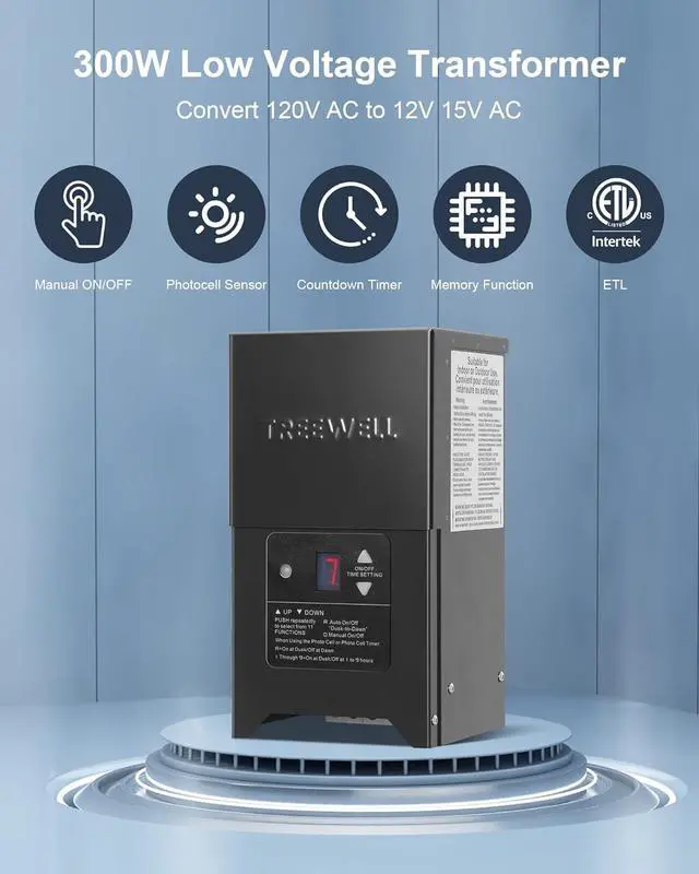 Alt view image 2 of 7 - 300W Low Voltage Landscape Transformer, Outdoor Landscape Lighting Transformer with Photocell Sensor & Timer, 120V AC to 12V/15V AC, Stainless Steel Waterproof Transformer, Black, ETL Listed
