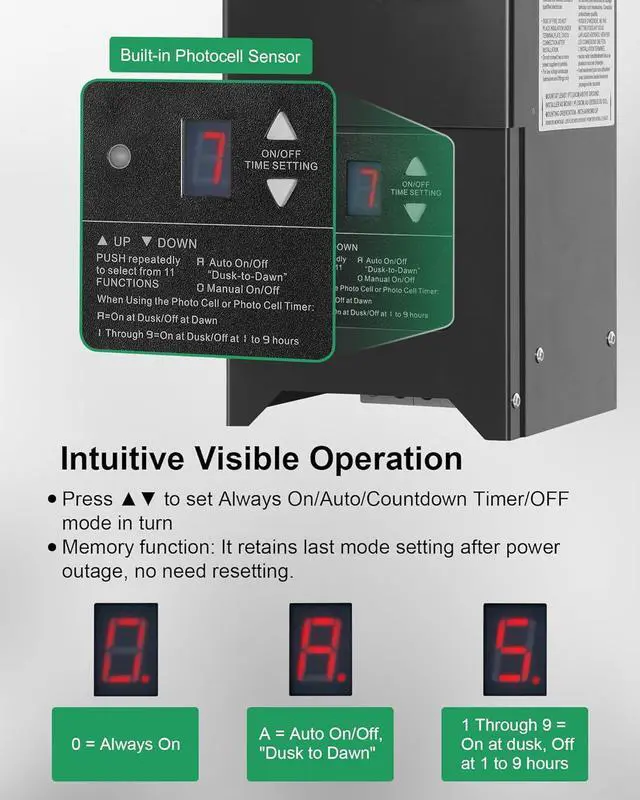 Alt view image 4 of 7 - 300W Low Voltage Landscape Transformer, Outdoor Landscape Lighting Transformer with Photocell Sensor & Timer, 120V AC to 12V/15V AC, Stainless Steel Waterproof Transformer, Black, ETL Listed