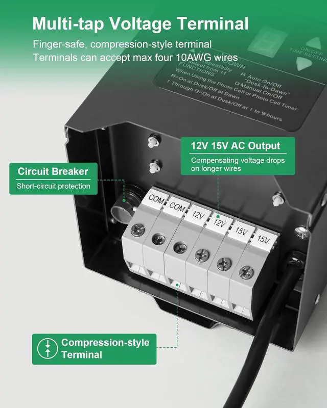 Alt view image 5 of 7 - 300W Low Voltage Landscape Transformer, Outdoor Landscape Lighting Transformer with Photocell Sensor & Timer, 120V AC to 12V/15V AC, Stainless Steel Waterproof Transformer, Black, ETL Listed