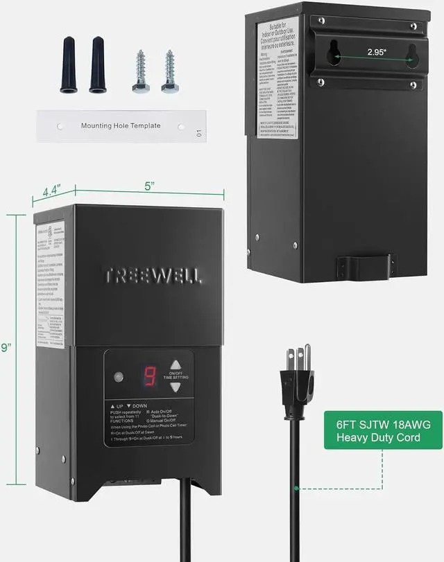 Alt view image 7 of 7 - 300W Low Voltage Landscape Transformer, Outdoor Landscape Lighting Transformer with Photocell Sensor & Timer, 120V AC to 12V/15V AC, Stainless Steel Waterproof Transformer, Black, ETL Listed