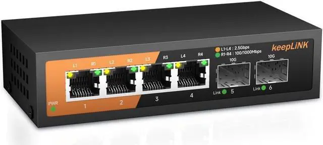 Main image of 6-Port 2.5G Switch Unmanaged, 4 x 2.5GBASE-T Ports & 2 x 10GBASE-T SFP Slots, 60Gbps Switching Capacity, Plug & Play/Wall Mountable/Fanless Metal, Compatible with 1000Mbps Devices