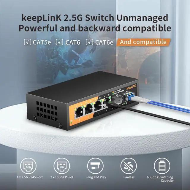 Alt view image 2 of 7 - 6-Port 2.5G Switch Unmanaged, 4 x 2.5GBASE-T Ports & 2 x 10GBASE-T SFP Slots, 60Gbps Switching Capacity, Plug & Play/Wall Mountable/Fanless Metal, Compatible with 1000Mbps Devices