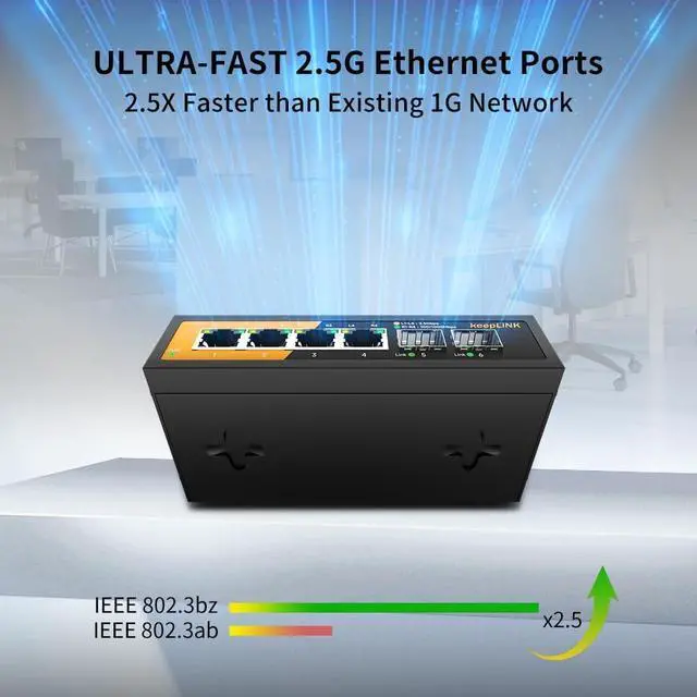 Alt view image 4 of 7 - 6-Port 2.5G Switch Unmanaged, 4 x 2.5GBASE-T Ports & 2 x 10GBASE-T SFP Slots, 60Gbps Switching Capacity, Plug & Play/Wall Mountable/Fanless Metal, Compatible with 1000Mbps Devices