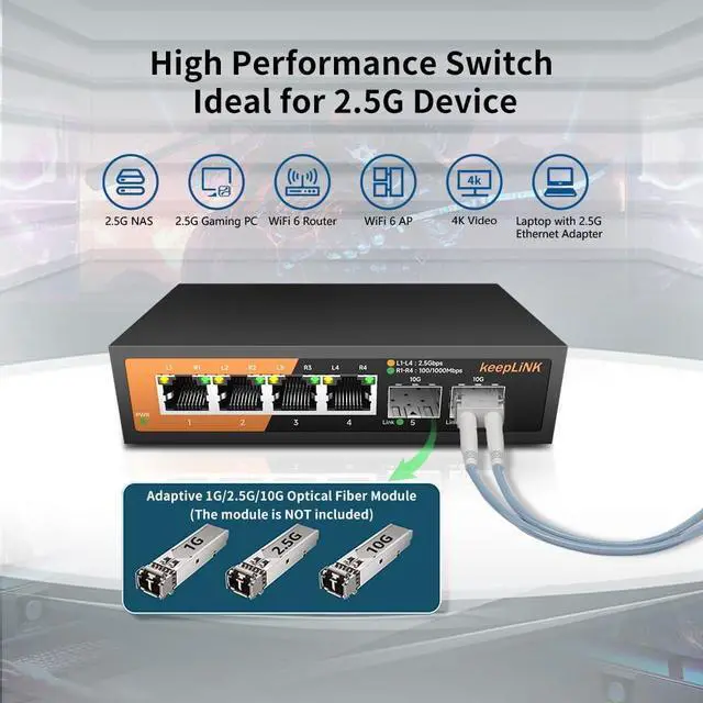 Alt view image 5 of 7 - 6-Port 2.5G Switch Unmanaged, 4 x 2.5GBASE-T Ports & 2 x 10GBASE-T SFP Slots, 60Gbps Switching Capacity, Plug & Play/Wall Mountable/Fanless Metal, Compatible with 1000Mbps Devices