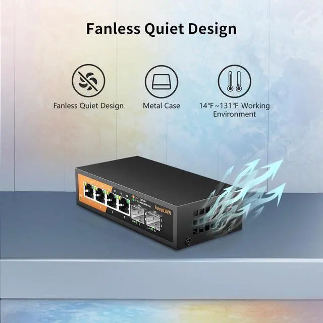 Alt view image 6 of 7 - 6-Port 2.5G Switch Unmanaged, 4 x 2.5GBASE-T Ports & 2 x 10GBASE-T SFP Slots, 60Gbps Switching Capacity, Plug & Play/Wall Mountable/Fanless Metal, Compatible with 1000Mbps Devices