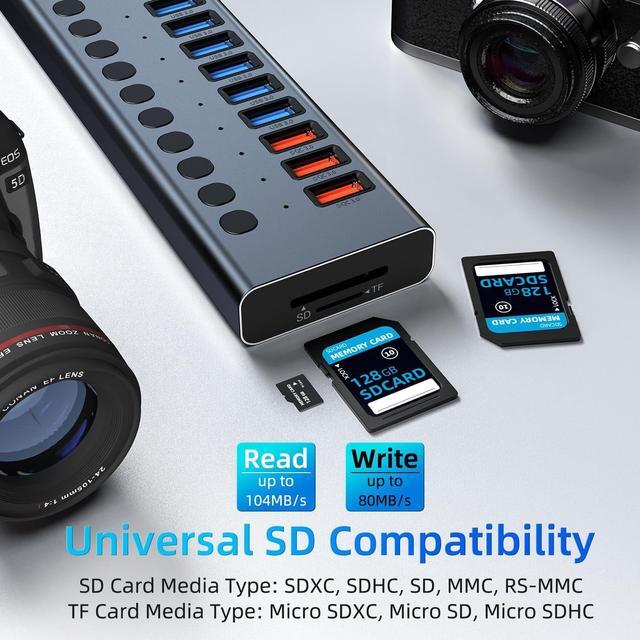Alt view image 7 of 7 - Powered USB Hub, VANGREE 17-Port 90W USB 3.0 Hub (10 USB 3.0 Ports+3 QC24W Fast Charging Ports+2 USB-C 3.0 Ports+SD/TF Card Reader), Individual On/Off Switches, 12V/7.5A Power Adapter for Laptop, PC
