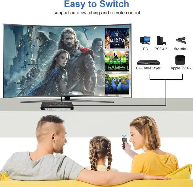 Alt view image 6 of 7 - 5 Port 4K 60Hz HDMI Switch with Audio Extractor and ARC, Support HDMIOptical & 3.5mm AUX Audio Out, HDMI 2.0 Selector Splitter Support HDR 10, HDCP 2.2, 18Gbps, Dolby Vision/Atmos, 3D, 1080P