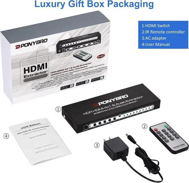 Alt view image 7 of 7 - 5 Port 4K 60Hz HDMI Switch with Audio Extractor and ARC, Support HDMIOptical & 3.5mm AUX Audio Out, HDMI 2.0 Selector Splitter Support HDR 10, HDCP 2.2, 18Gbps, Dolby Vision/Atmos, 3D, 1080P