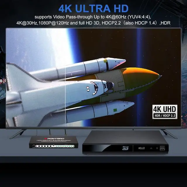 Alt view image 4 of 7 - 5 Port 4K 60Hz HDMI Switch with Audio Extractor and ARC, Support HDMIOptical & 3.5mm AUX Audio Out, HDMI 2.0 Selector Splitter Support HDR 10, HDCP 2.2, 18Gbps, Dolby Vision/Atmos, 3D, 1080P
