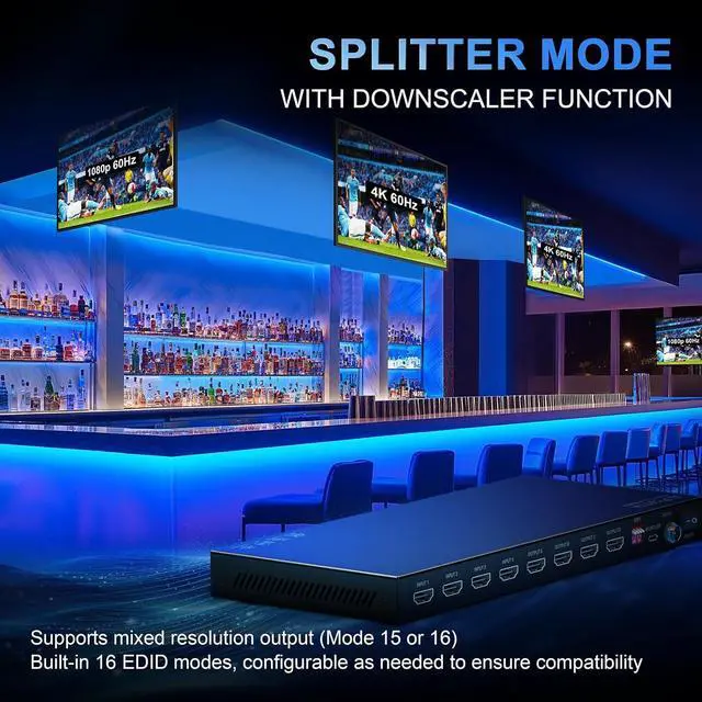 Alt view image 3 of 7 - 4x4 HDMI Matrix 4K 60Hz, PORTTA 4 in 4 Out Switch Splitter with ARC, Toslink 3.5mm Audio Extractor, 16 EDID Modes, 4K Downscale, and IR Remote Support HDMI 2.0b, HDCP 2.3/2.2/1.4, HDR, 18Gbps