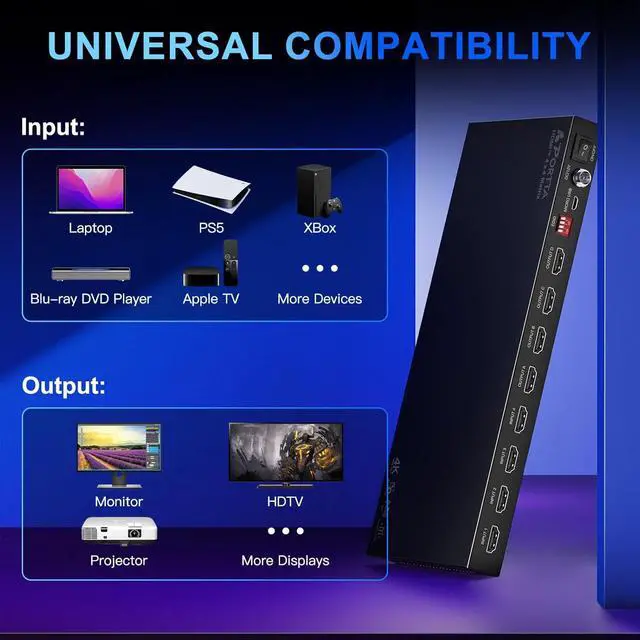Alt view image 6 of 7 - 4x4 HDMI Matrix 4K 60Hz, PORTTA 4 in 4 Out Switch Splitter with ARC, Toslink 3.5mm Audio Extractor, 16 EDID Modes, 4K Downscale, and IR Remote Support HDMI 2.0b, HDCP 2.3/2.2/1.4, HDR, 18Gbps