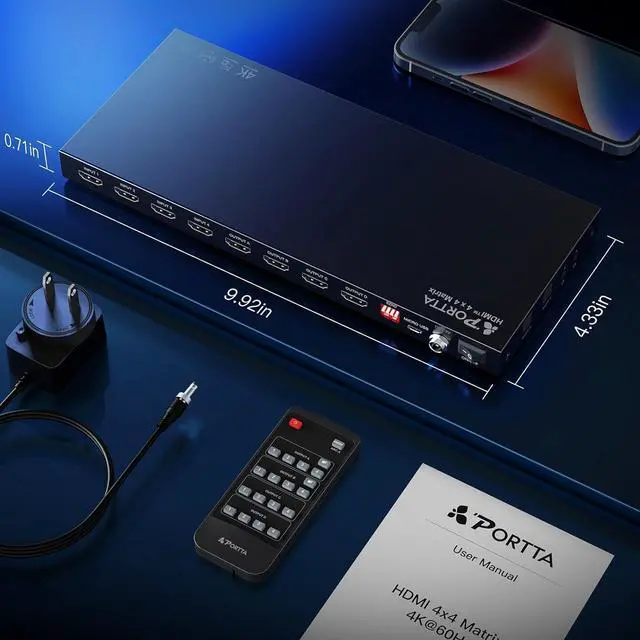 Alt view image 7 of 7 - 4x4 HDMI Matrix 4K 60Hz, PORTTA 4 in 4 Out Switch Splitter with ARC, Toslink 3.5mm Audio Extractor, 16 EDID Modes, 4K Downscale, and IR Remote Support HDMI 2.0b, HDCP 2.3/2.2/1.4, HDR, 18Gbps