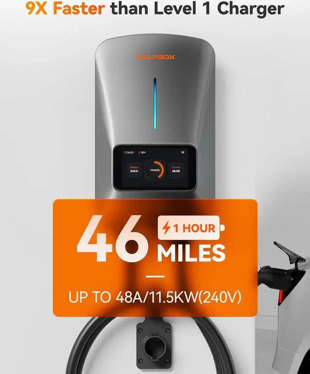 Alt view image 3 of 7 - Level 2 EV Charger 48 Amp - Smart Display, RFID Card, 25ft Cable, Outdoor/Indoor, Hardwired EV Charger Level 2, WiFi Enabled Electric Car Charger, 240V Electric Vehicle Charging Stations