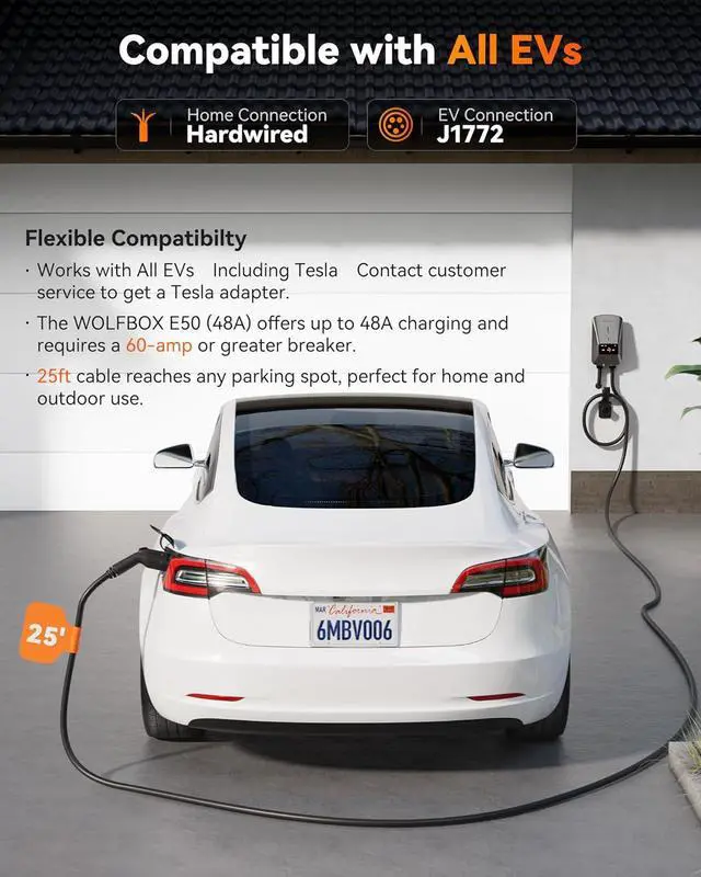 Alt view image 4 of 7 - Level 2 EV Charger 48 Amp - Smart Display, RFID Card, 25ft Cable, Outdoor/Indoor, Hardwired EV Charger Level 2, WiFi Enabled Electric Car Charger, 240V Electric Vehicle Charging Stations