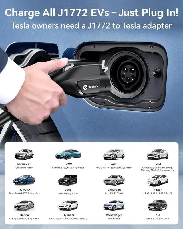 Alt view image 2 of 7 - Fiber Level 1+2 EV Charger (16Amp, 110V-240V, 25ft Cable) Portable Fast Charger with Holder, NEMA 6-20P, Works with All J1772 EV and Hybrid Vehicles, for Home and Outdoor, Black, Ecogenix EC23