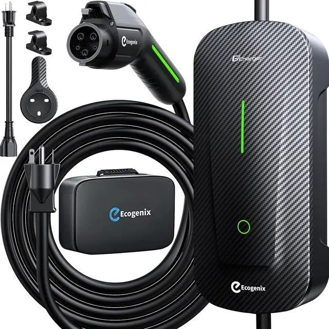 Main image of Fiber Level 1+2 EV Charger (16Amp, 110V-240V, 25ft Cable) Portable Fast Charger with Holder, NEMA 6-20P, Works with All J1772 EV and Hybrid Vehicles, for Home and Outdoor, Black, Ecogenix EC23