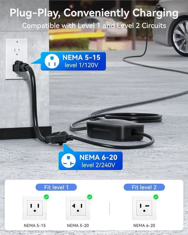 Alt view image 3 of 7 - Fiber Level 1+2 EV Charger (16Amp, 110V-240V, 25ft Cable) Portable Fast Charger with Holder, NEMA 6-20P, Works with All J1772 EV and Hybrid Vehicles, for Home and Outdoor, Black, Ecogenix EC23