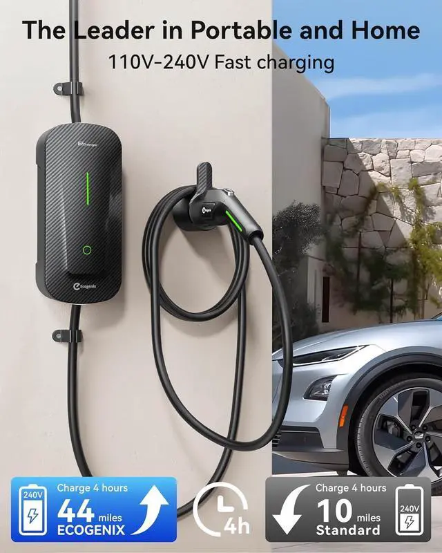 Alt view image 4 of 7 - Fiber Level 1+2 EV Charger (16Amp, 110V-240V, 25ft Cable) Portable Fast Charger with Holder, NEMA 6-20P, Works with All J1772 EV and Hybrid Vehicles, for Home and Outdoor, Black, Ecogenix EC23