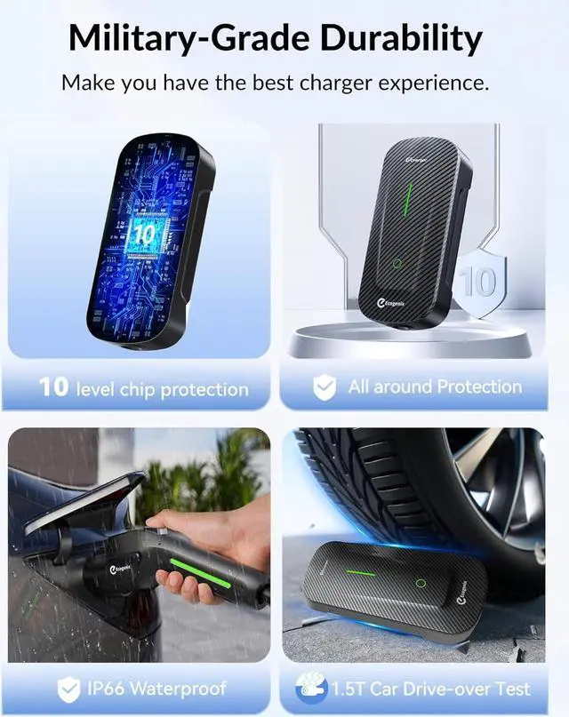 Alt view image 6 of 7 - Fiber Level 1+2 EV Charger (16Amp, 110V-240V, 25ft Cable) Portable Fast Charger with Holder, NEMA 6-20P, Works with All J1772 EV and Hybrid Vehicles, for Home and Outdoor, Black, Ecogenix EC23