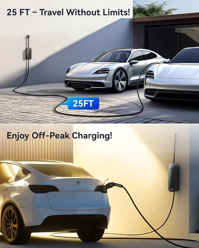 Alt view image 5 of 7 - Fiber Level 1+2 EV Charger (16Amp, 110V-240V, 25ft Cable) Portable Fast Charger with Holder, NEMA 6-20P, Works with All J1772 EV and Hybrid Vehicles, for Home and Outdoor, Black, Ecogenix EC23