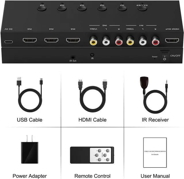 Alt view image 6 of 6 - 3 Way HDMI 2.0 to HDMI Switcher + 2 RCA to HDMI Converter(2 in 1) 2 Way AV Composite CVBS Switch to HDMI Adapter Support 4:3/16:9 Switching for N64 NGC Wii Xbox PS2/3/4/5 Xbox Series/ONE Switch
