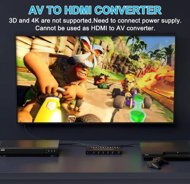 Alt view image 4 of 6 - 4 Port RCA to HDMI Converter/4Port AV to HDMI Adapter Converter 720/1080P Support 16:9/4:3 Switcher Compatible with WII, N64, PS2,PS3, VHS, VCR DVD Players etc. (4AV Input 1 HDMI Output)