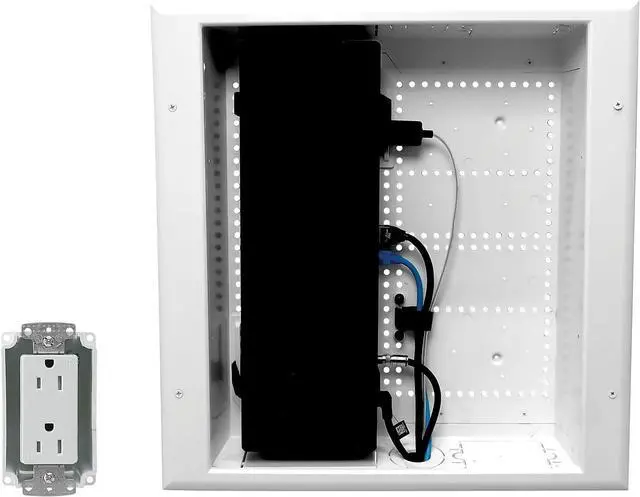 Alt view image 2 of 6 - E45-8011-1P Multi-Functional Recessed Media Box with Integrated Duplex Power Receptacle For Seamless Home & Office Connectivity Solutions, In Wall Box, Hides TV Outlet & Cables