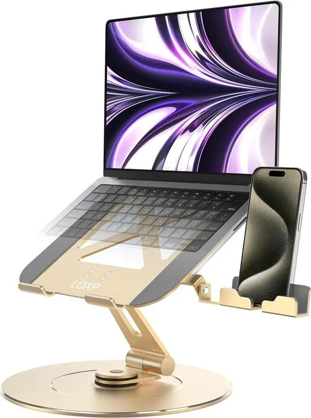 Main image of Ultra-Stable Aluminumy Swivel Laptop Stand for Desk with Rotating Foldable Phone Holder, 300% Large Base Stability, Anti-Loosening,Suitable for 10"-17.3" Laptops, Champagne Golden