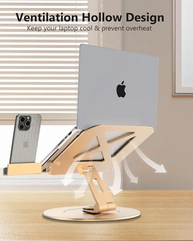 Alt view image 3 of 6 - Ultra-Stable Aluminumy Swivel Laptop Stand for Desk with Rotating Foldable Phone Holder, 300% Large Base Stability, Anti-Loosening,Suitable for 10"-17.3" Laptops, Champagne Golden