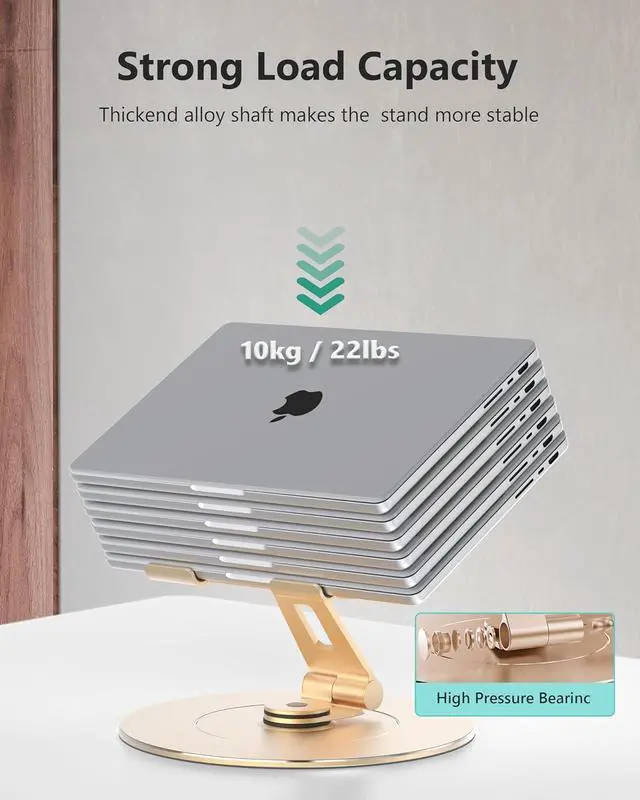 Alt view image 5 of 6 - Ultra-Stable Aluminumy Swivel Laptop Stand for Desk with Rotating Foldable Phone Holder, 300% Large Base Stability, Anti-Loosening,Suitable for 10"-17.3" Laptops, Champagne Golden