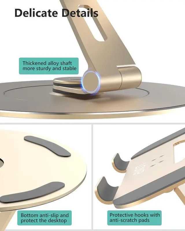 Alt view image 6 of 6 - Ultra-Stable Aluminumy Swivel Laptop Stand for Desk with Rotating Foldable Phone Holder, 300% Large Base Stability, Anti-Loosening,Suitable for 10"-17.3" Laptops, Champagne Golden