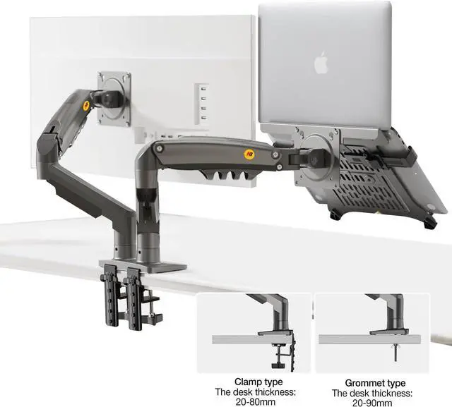 Alt view image 2 of 6 - NB North Bayou Laptop Mount with Adjustable Tray for 10-17Notebook, Full Motion Arm with VESA Plate for 17-30Monitor,Clamp-on Grommet Mounting F160-FP (Black)