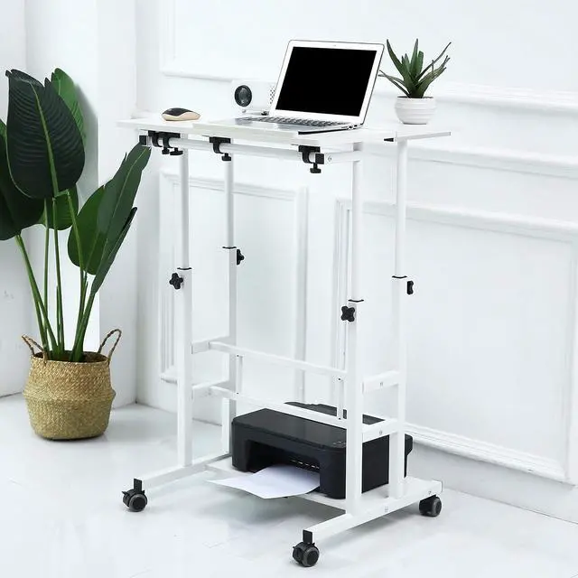 Alt view image 2 of 7 - Portable Standing Desk on Wheels, Height Adjustable Mobile Standing Desk, Versatile Standing Portable Desk for Home Office, Rolling Sit-Stand Workstation (White Frame/White Top)