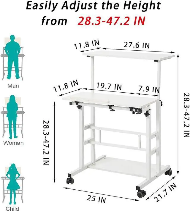 Alt view image 3 of 7 - Portable Standing Desk on Wheels, Height Adjustable Mobile Standing Desk, Versatile Standing Portable Desk for Home Office, Rolling Sit-Stand Workstation (White Frame/White Top)