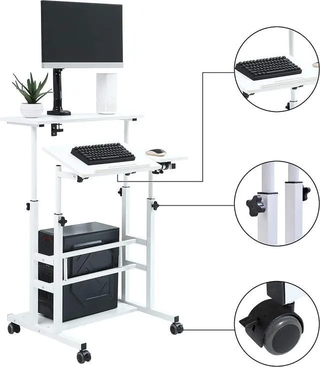 Alt view image 5 of 7 - Portable Standing Desk on Wheels, Height Adjustable Mobile Standing Desk, Versatile Standing Portable Desk for Home Office, Rolling Sit-Stand Workstation (White Frame/White Top)