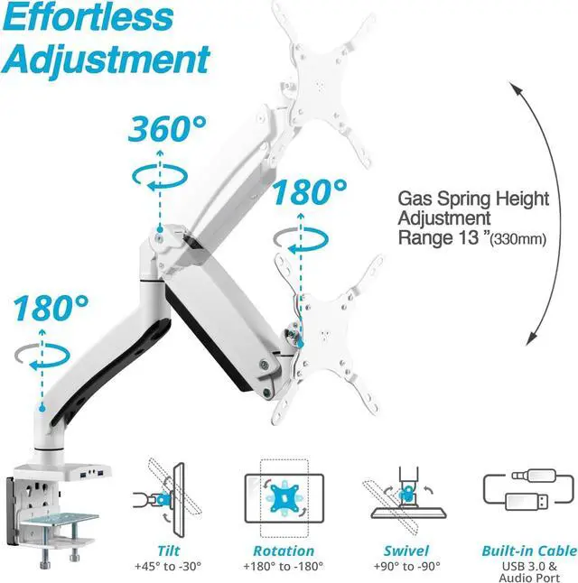 Alt view image 3 of 7 - AVLT Single 17"-49" Super Ultrawide Monitor Arm for Screens Up to 50 lbs, Premium Aluminum Desk Stand, Adjustable Pneumatic Height, Full Motion Swivel Tilt Rotation, USB 3.0 & AUX Ports, White