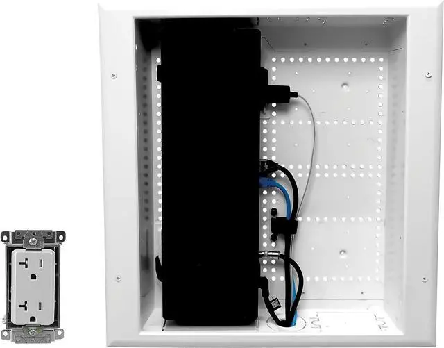 Alt view image 3 of 6 - E45-8011-1P Multi-Functional Recessed Media Box with Integrated Duplex Power Receptacle For Seamless Home & Office Connectivity Solutions, In Wall Box, Hides TV Outlet & Cables